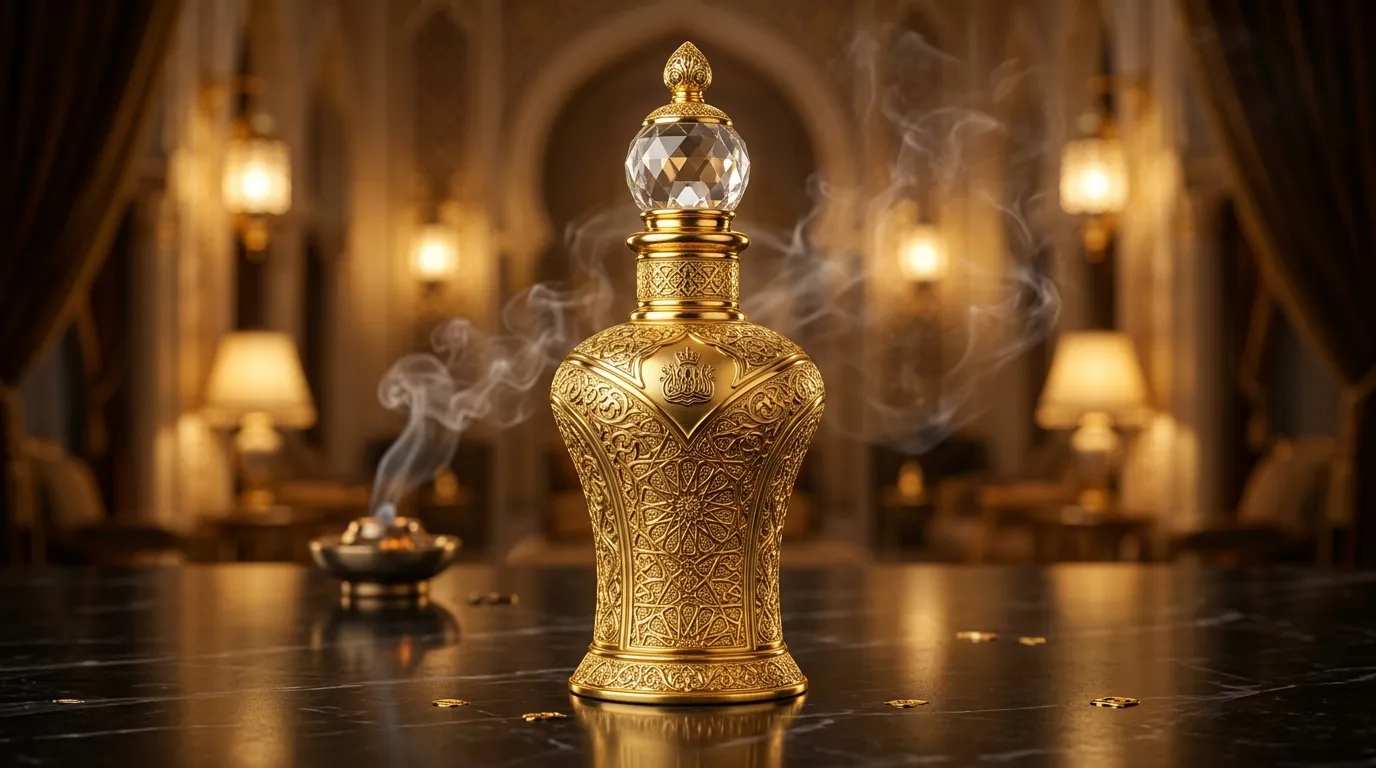 An ornate gold Akram attar bottle with a crystal stopper, wreathed in incense smoke in a candle-lit palace hall